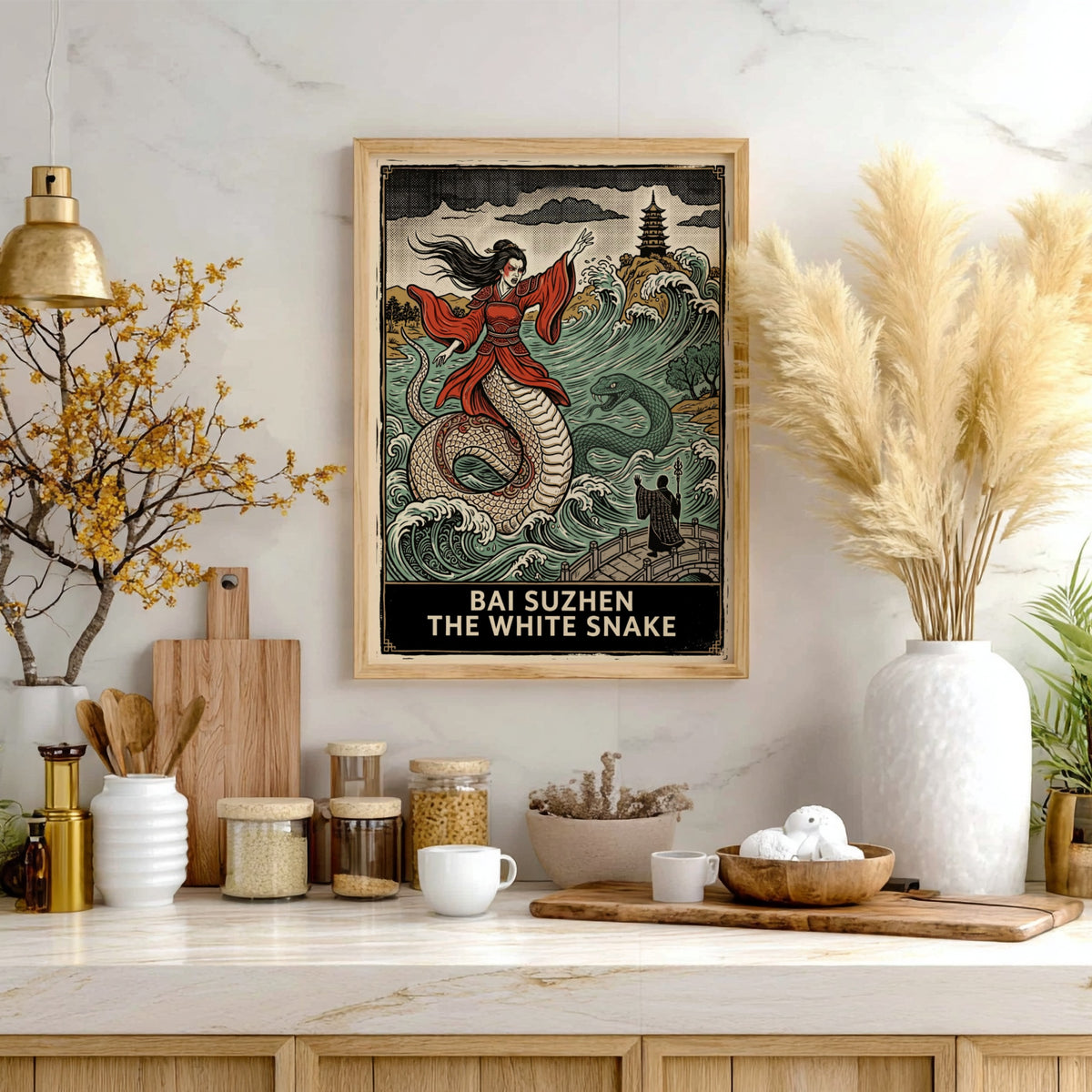 Poster featuring Bai Suzhen the white snake rising from ocean waves near a pagoda