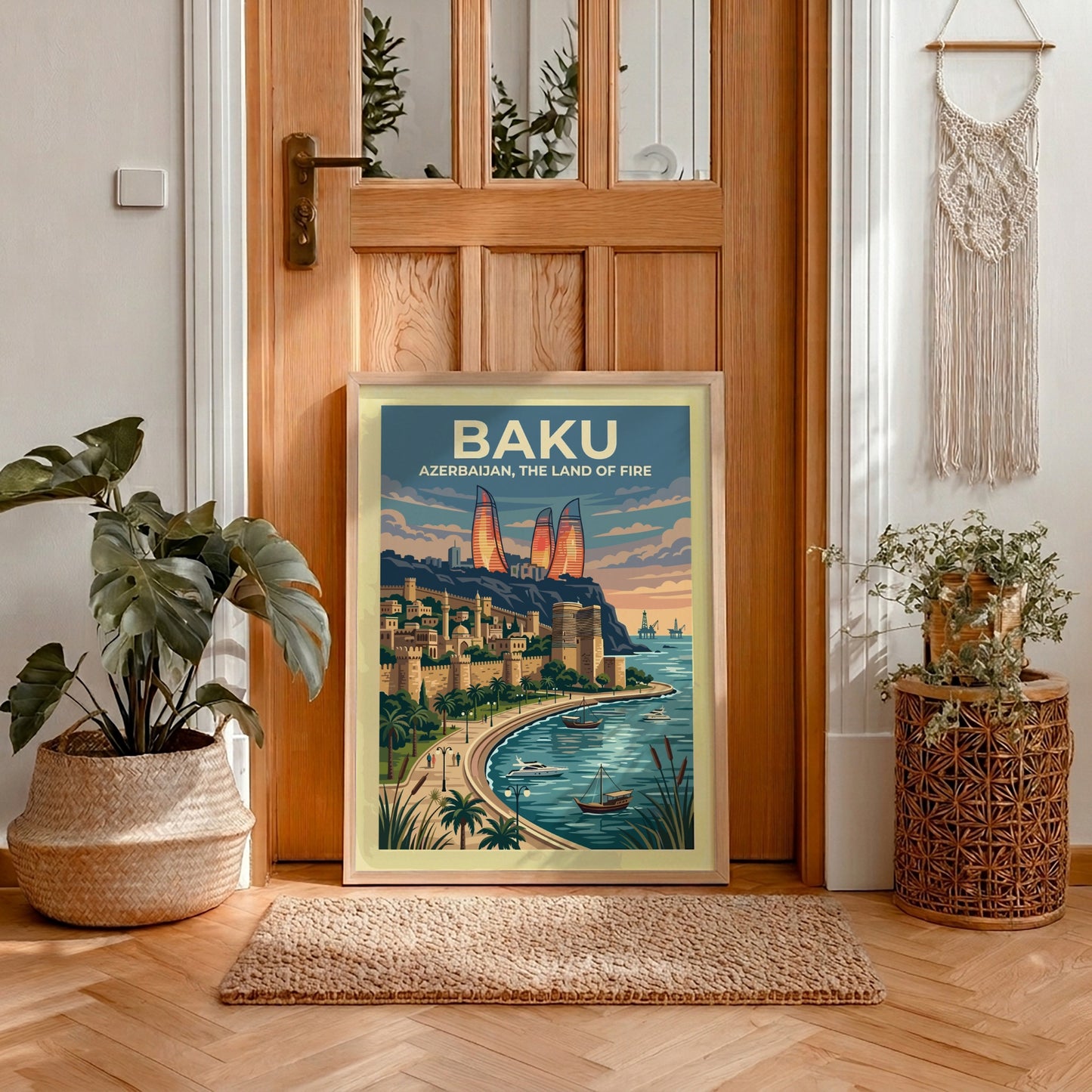 Travel poster of Baku Azerbaijan featuring the Flame Towers and historic city walls