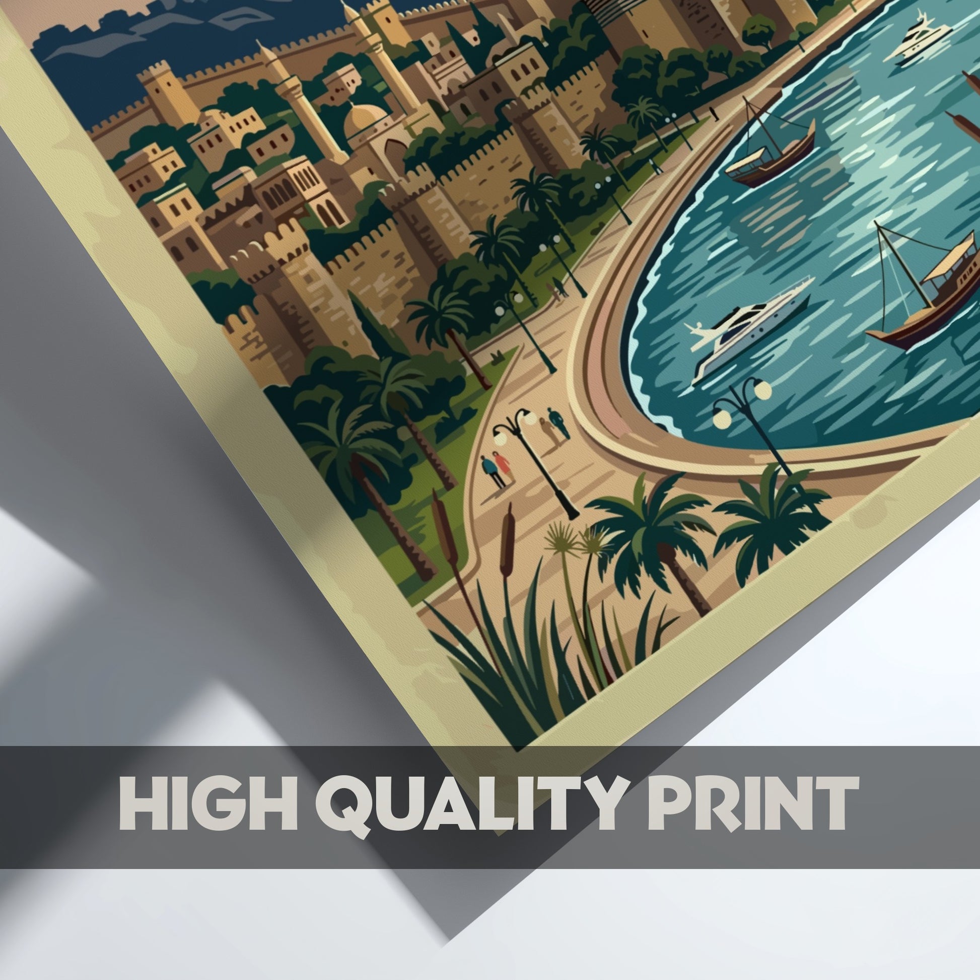 Travel poster of Baku Azerbaijan featuring the Flame Towers and historic city walls
