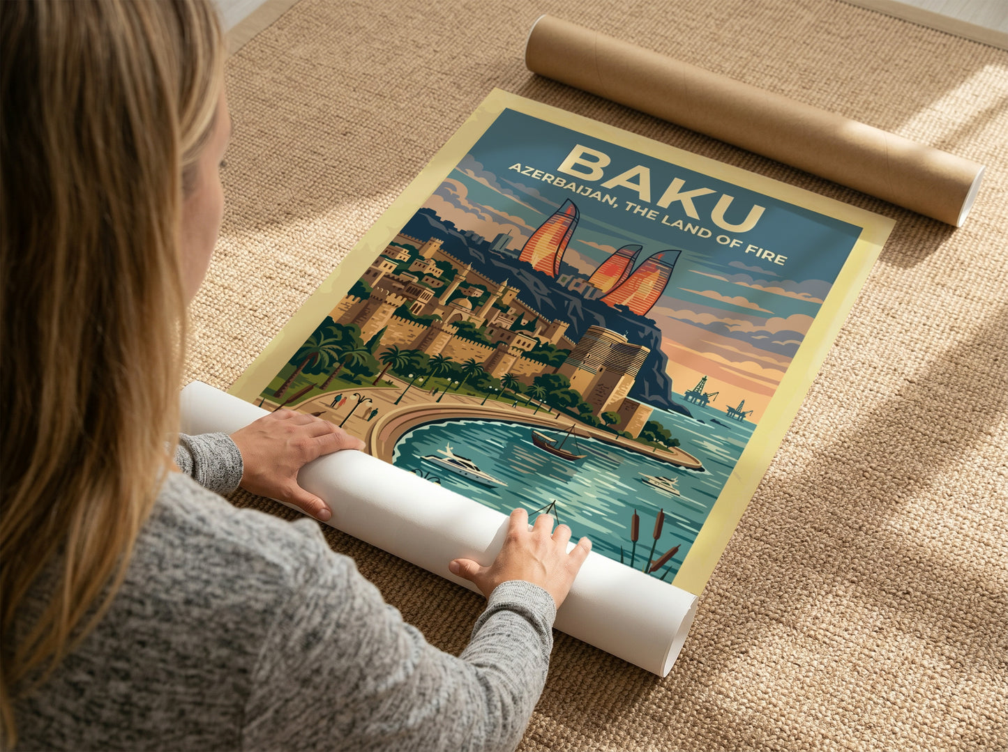 Travel poster of Baku Azerbaijan featuring the Flame Towers and historic city walls