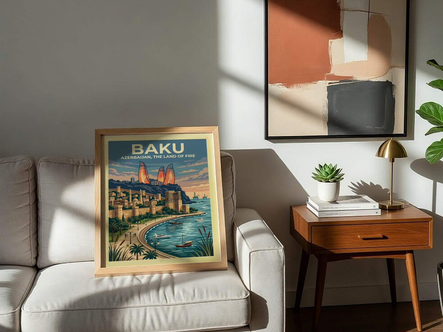 Travel poster of Baku Azerbaijan featuring the Flame Towers and historic city walls