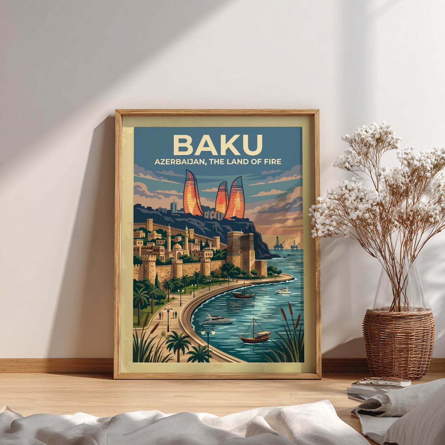 Travel poster of Baku Azerbaijan featuring the Flame Towers and historic city walls