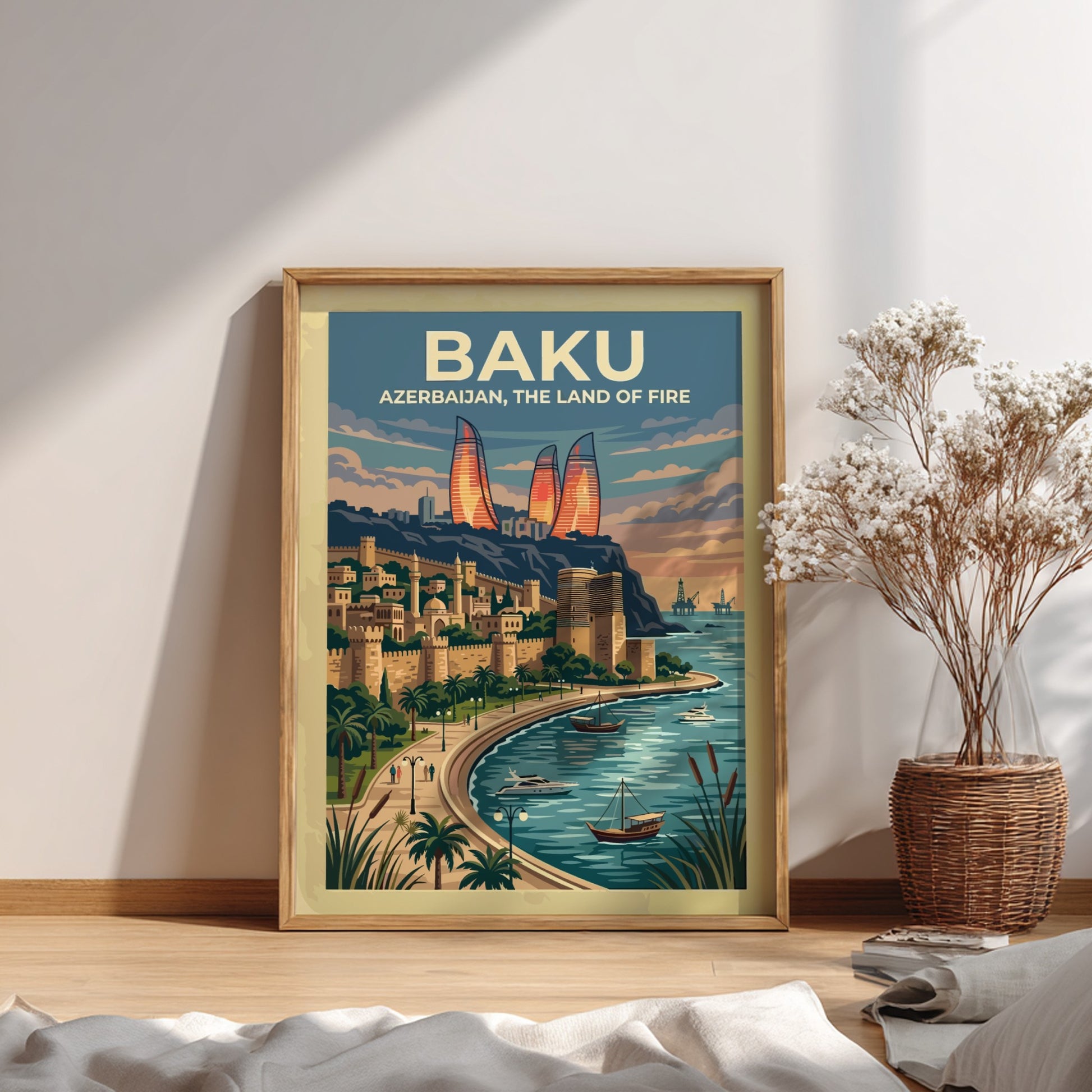 Travel poster of Baku Azerbaijan featuring the Flame Towers and historic city walls