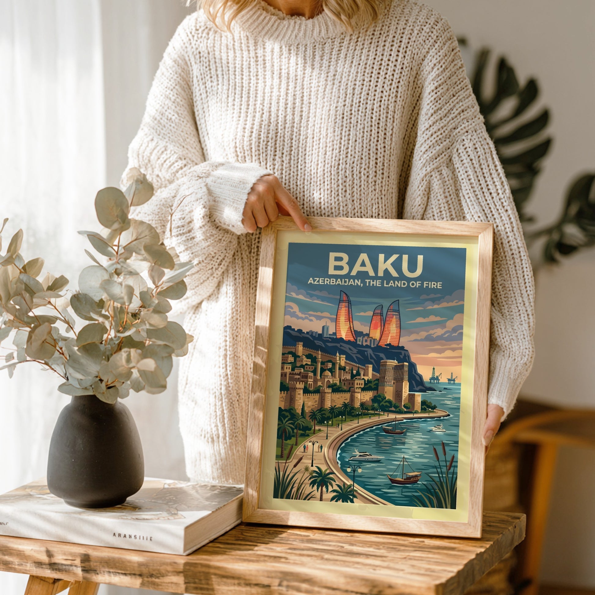 Travel poster of Baku Azerbaijan featuring the Flame Towers and historic city walls