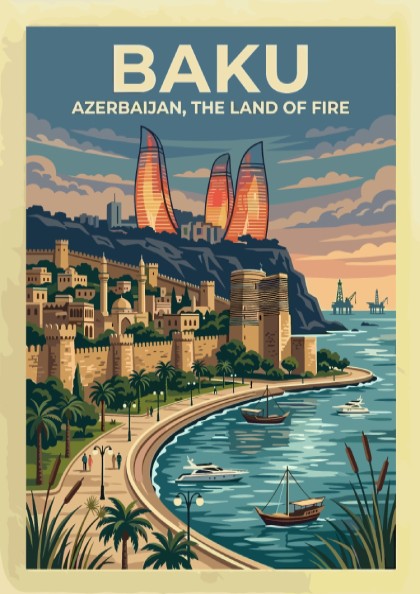 Travel poster of Baku Azerbaijan featuring the Flame Towers and historic city walls
