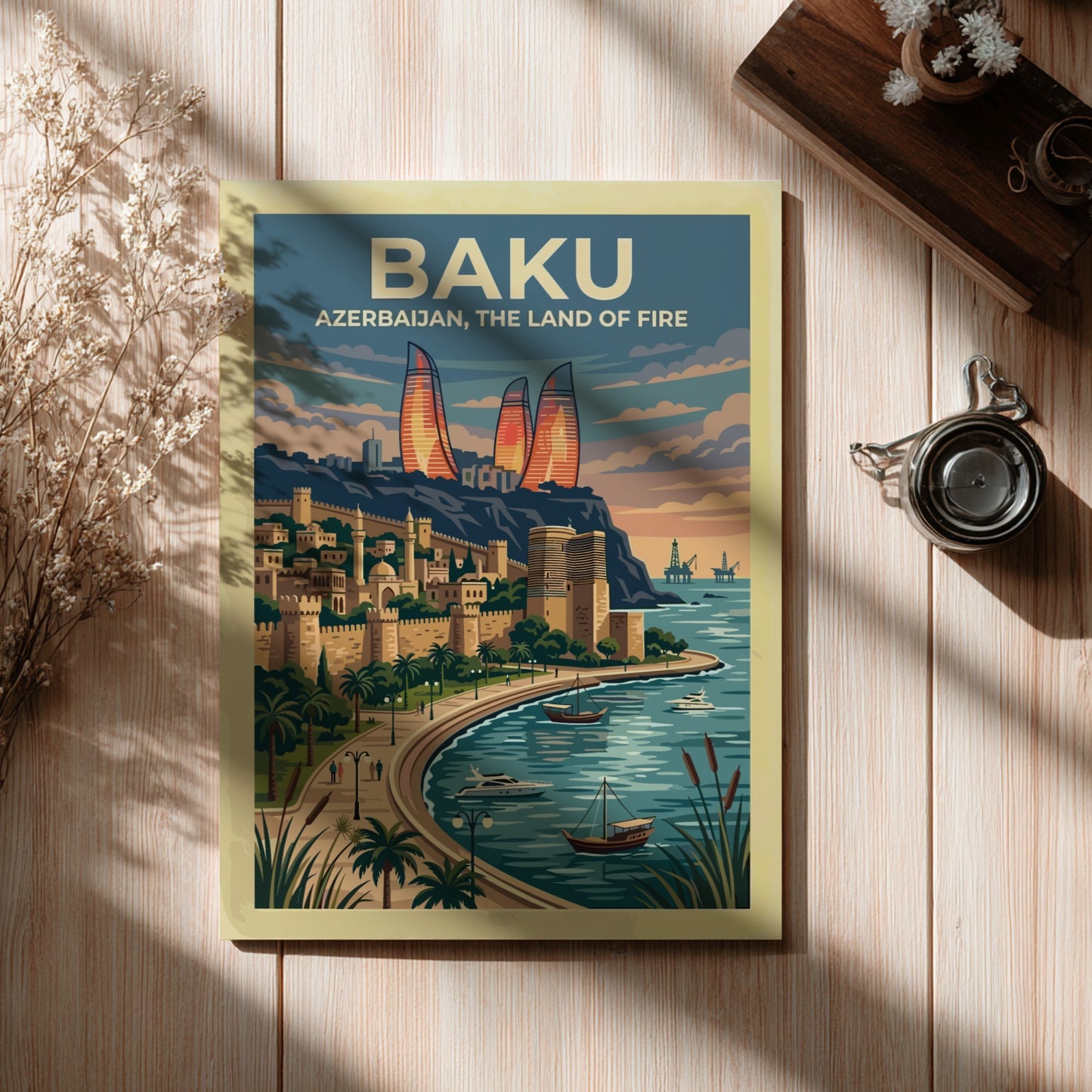 Travel poster of Baku Azerbaijan featuring the Flame Towers and historic city walls