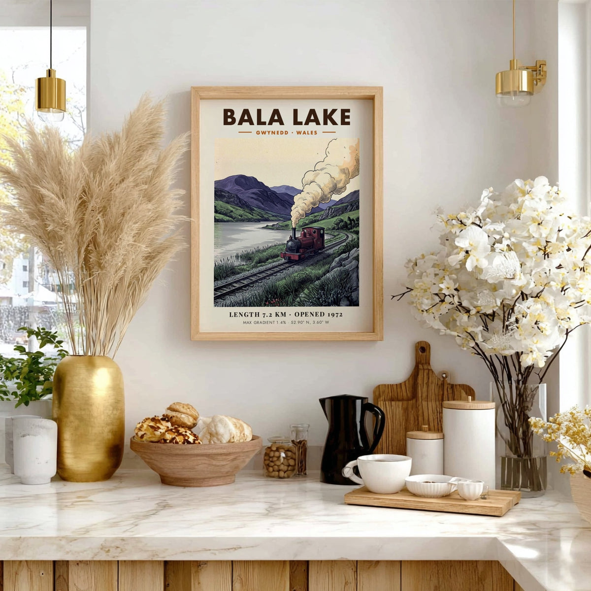 Poster of a steam train at Bala Lake in the mountains of Wales