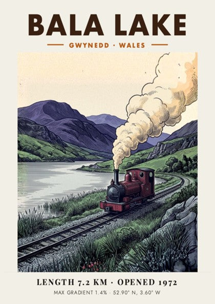 Poster of a steam train at Bala Lake in the mountains of Wales
