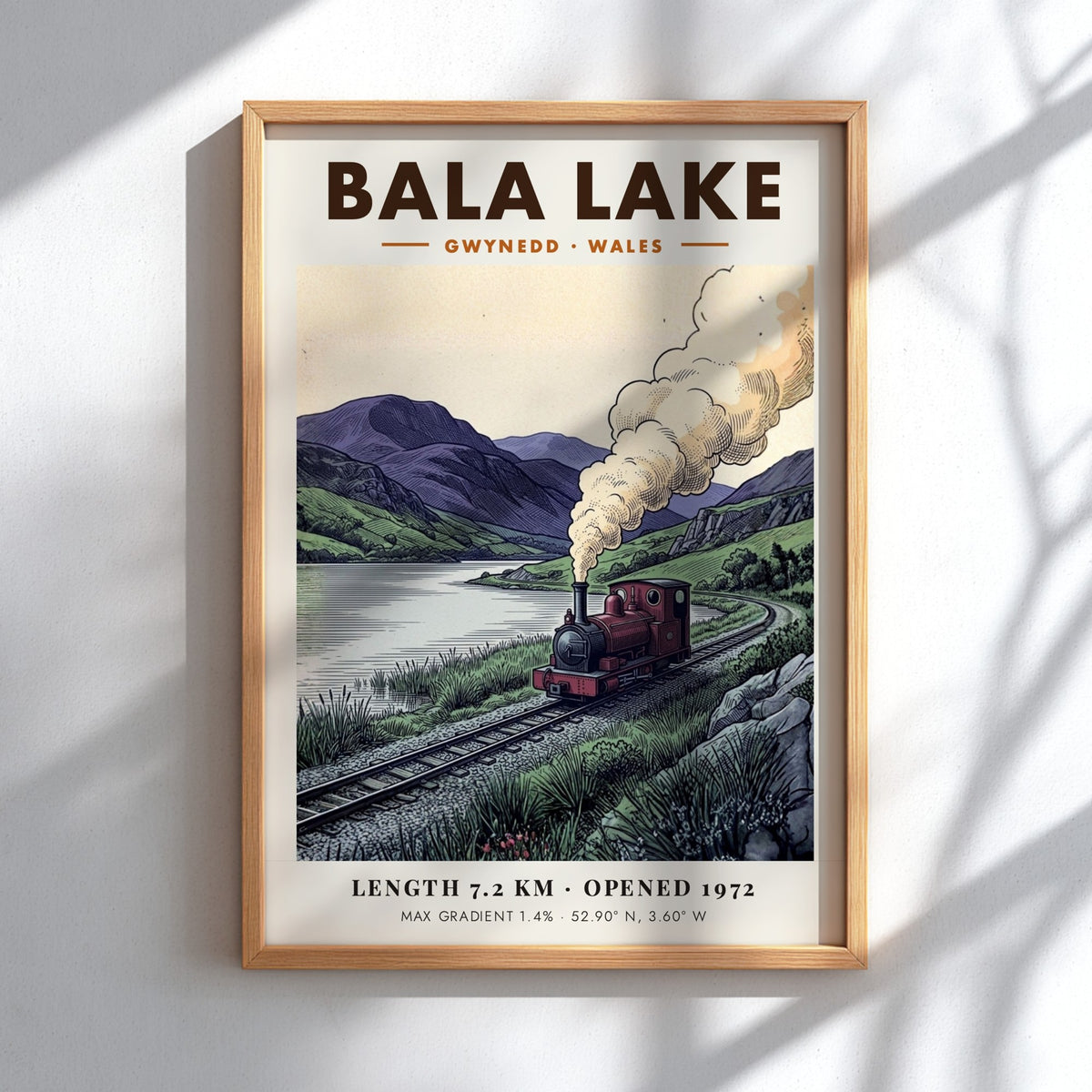 Poster of a steam train at Bala Lake in the mountains of Wales