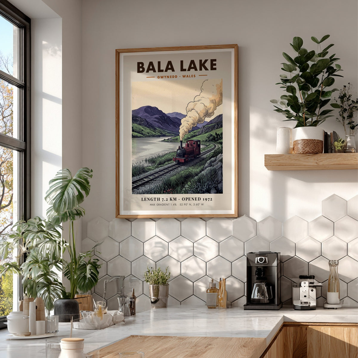 Poster of a steam train at Bala Lake in the mountains of Wales