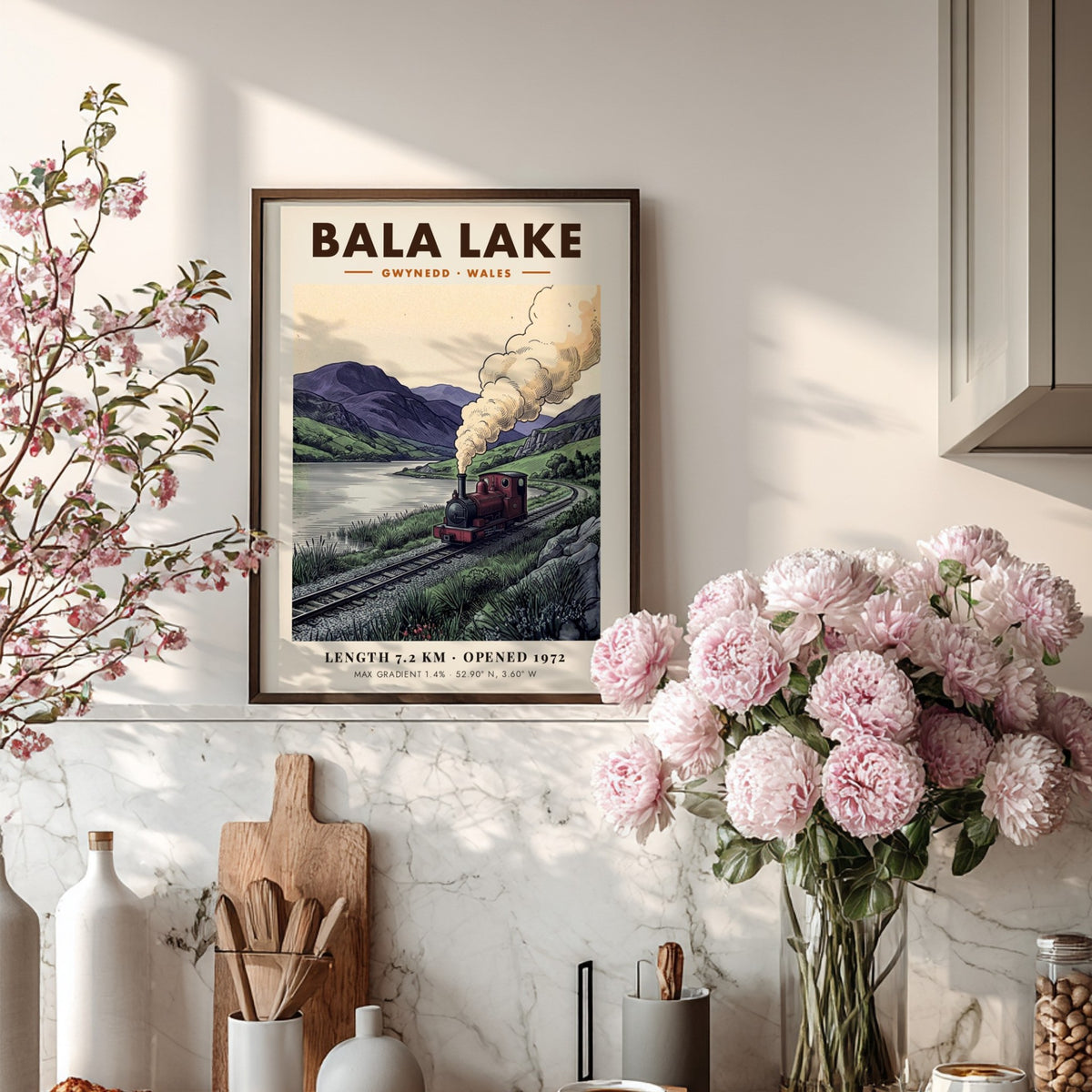 Poster of a steam train at Bala Lake in the mountains of Wales