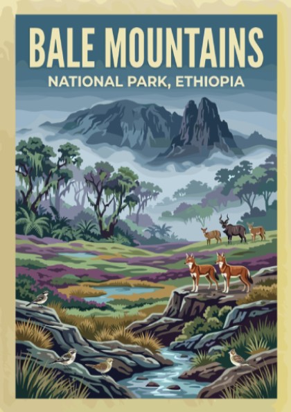 Bale Mountains poster featuring wildlife and lush landscapes in vibrant colors.