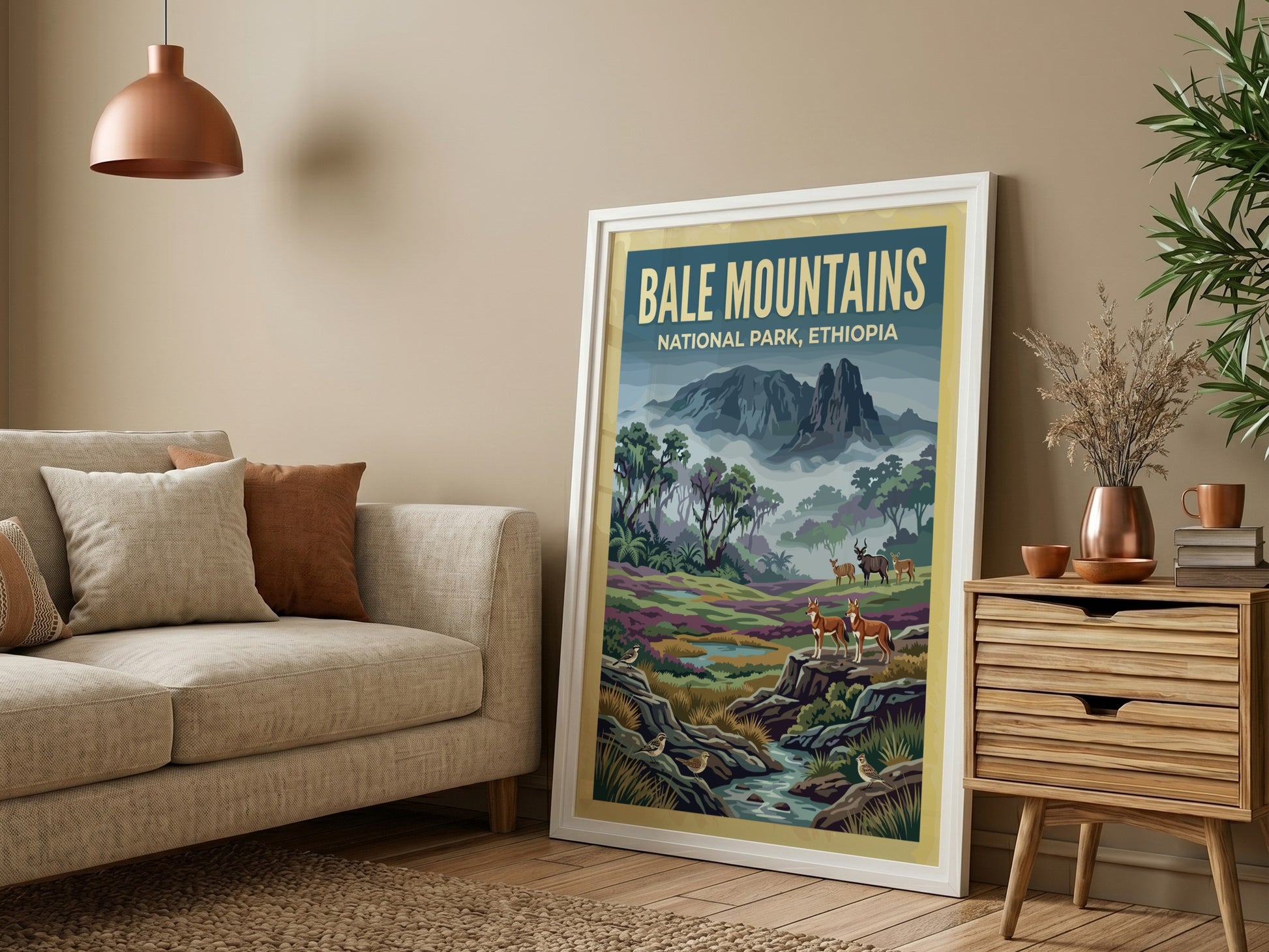 Bale Mountains poster featuring wildlife and lush landscapes in vibrant colors.