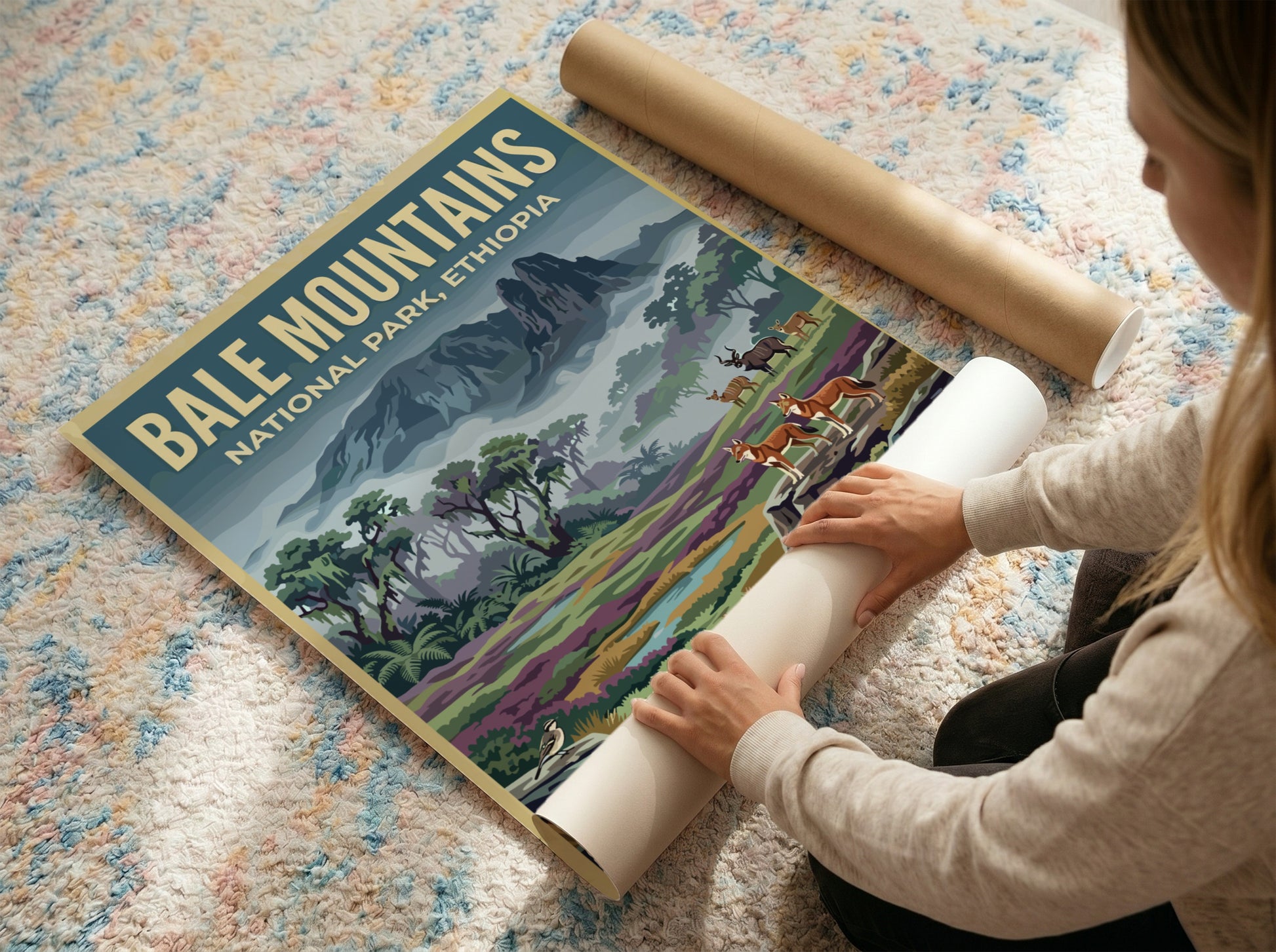 Bale Mountains poster featuring wildlife and lush landscapes in vibrant colors.