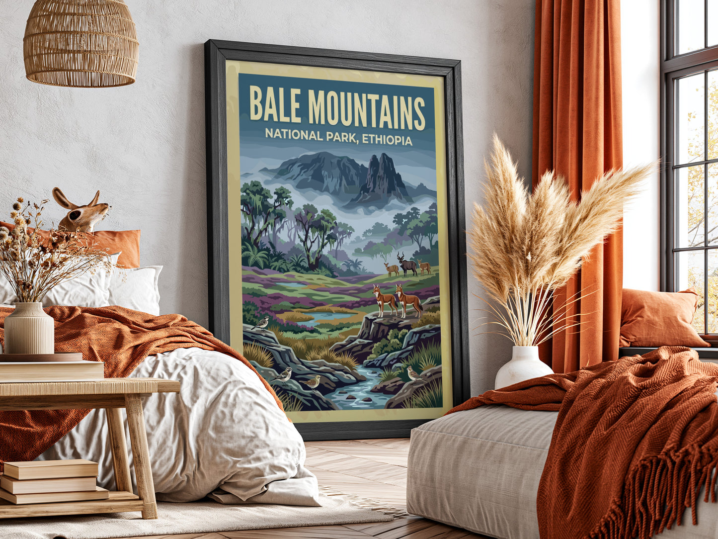 Bale Mountains poster featuring wildlife and lush landscapes in vibrant colors.