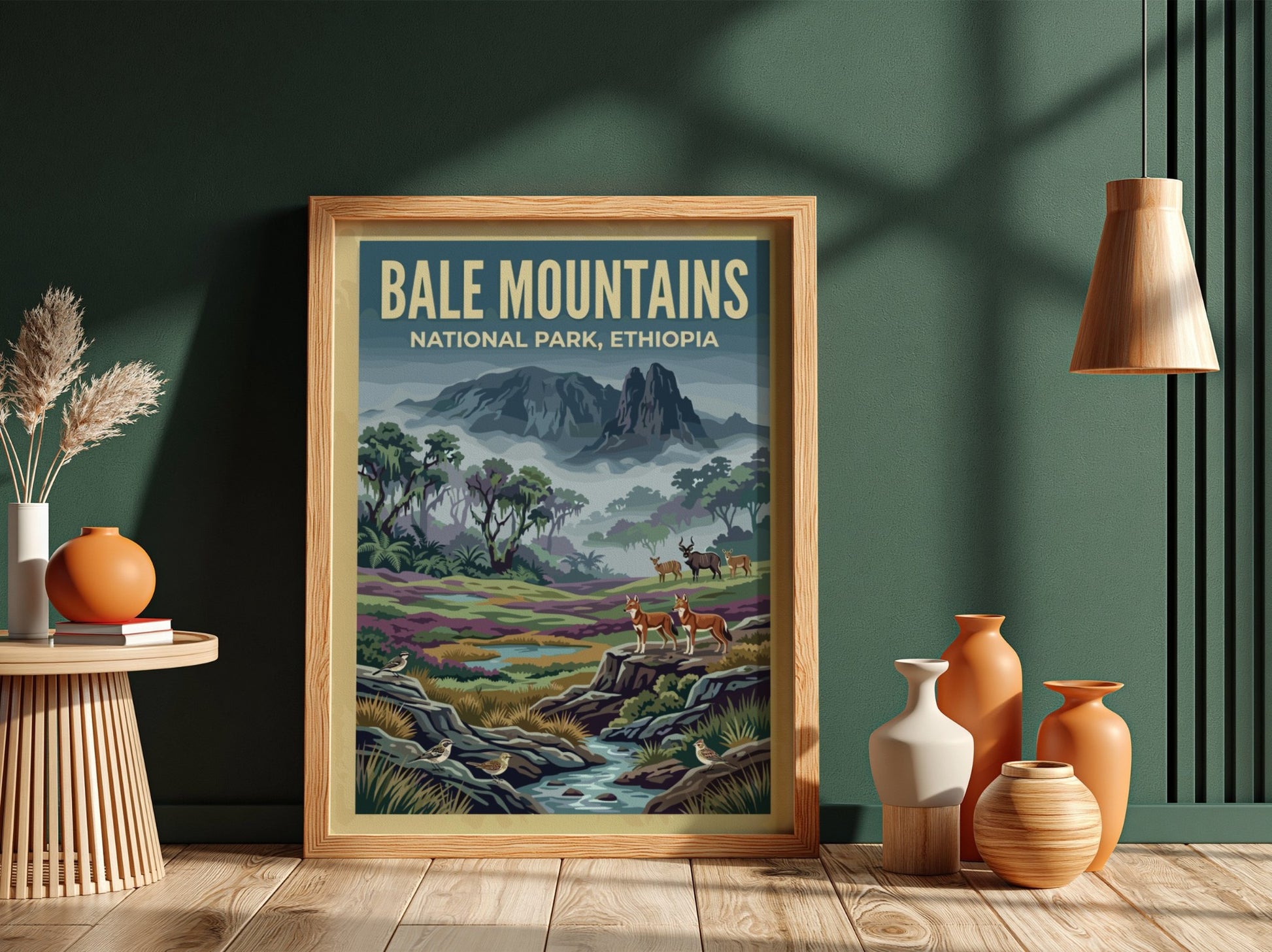 Bale Mountains poster featuring wildlife and lush landscapes in vibrant colors.