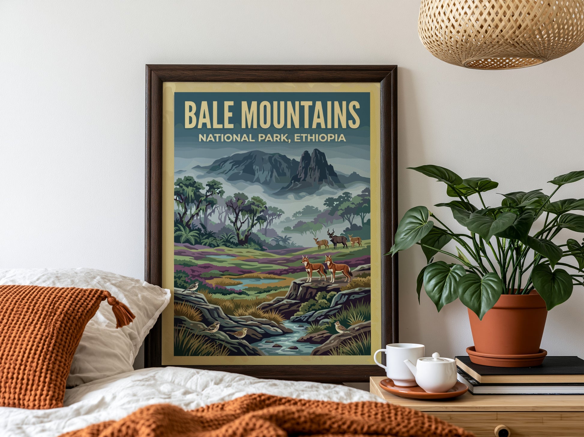 Bale Mountains poster featuring wildlife and lush landscapes in vibrant colors.
