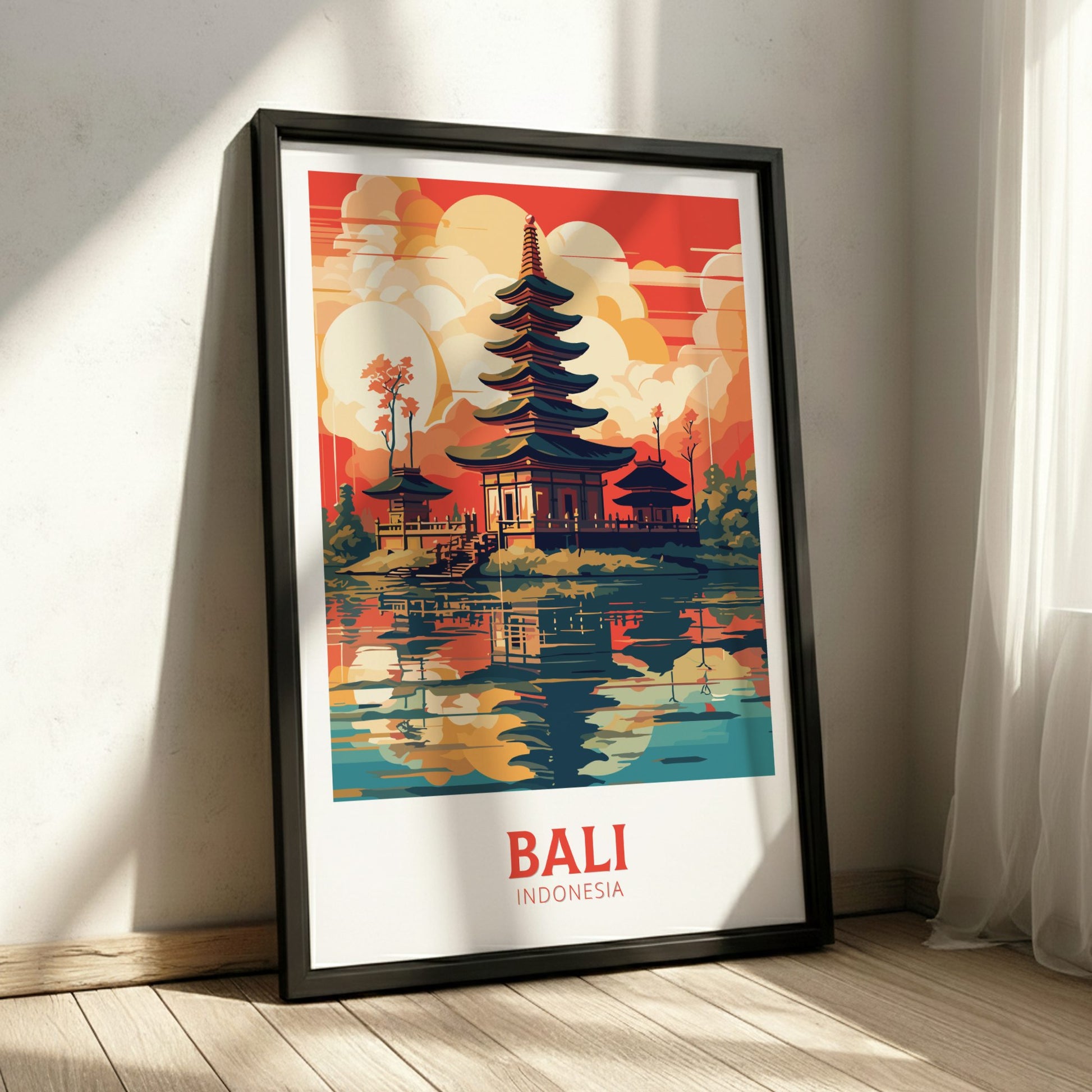 Framed poster of Bali, Indonesia with a temple design on a white wall.