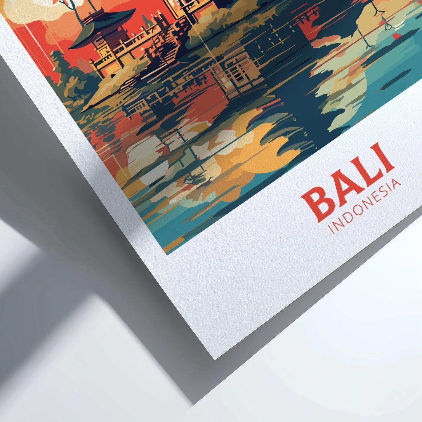 Colorful poster of Bali, Indonesia with traditional architecture and a sunset.