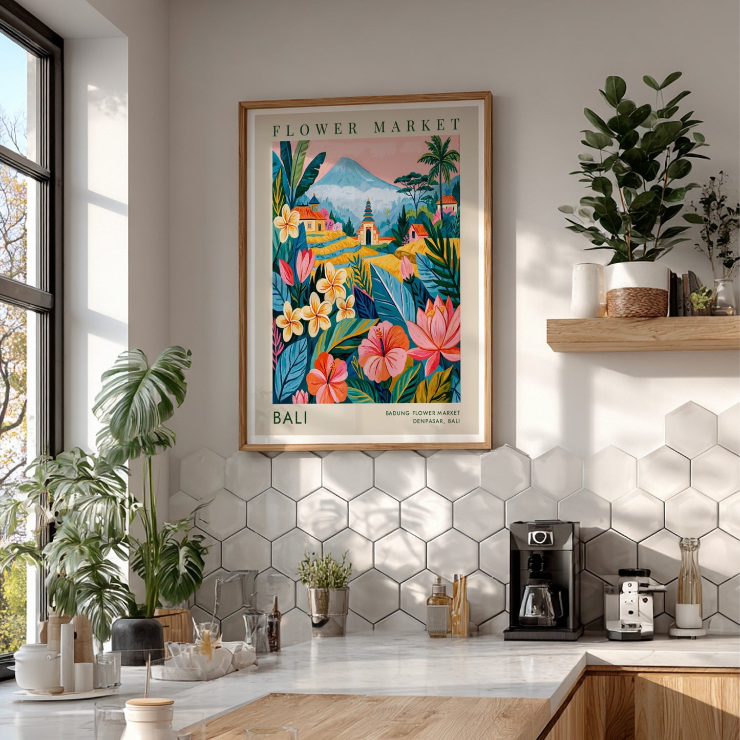 Flower market poster featuring tropical flowers and Balinese architecture in vibrant colors