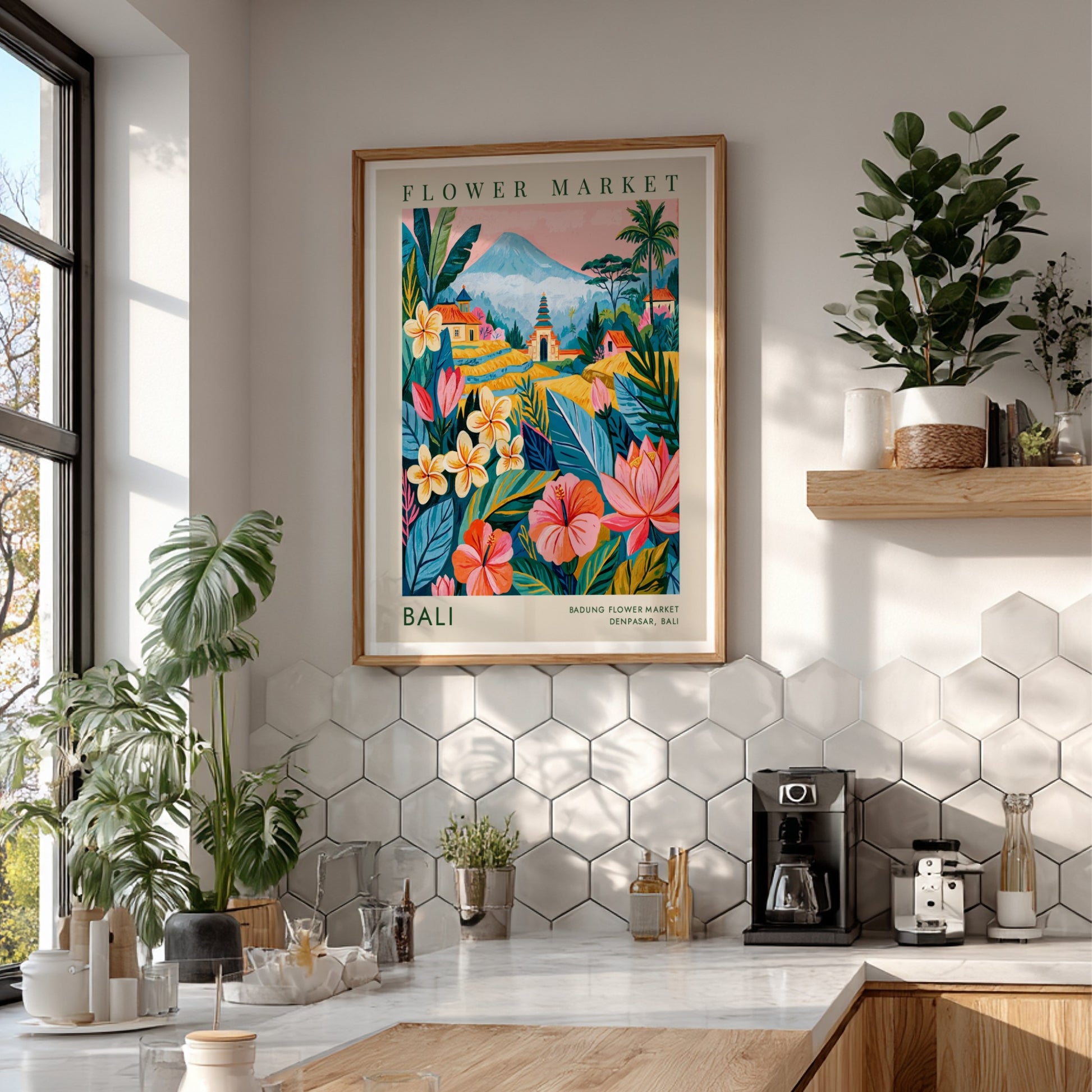 Flower market poster featuring tropical flowers and Balinese architecture in vibrant colors