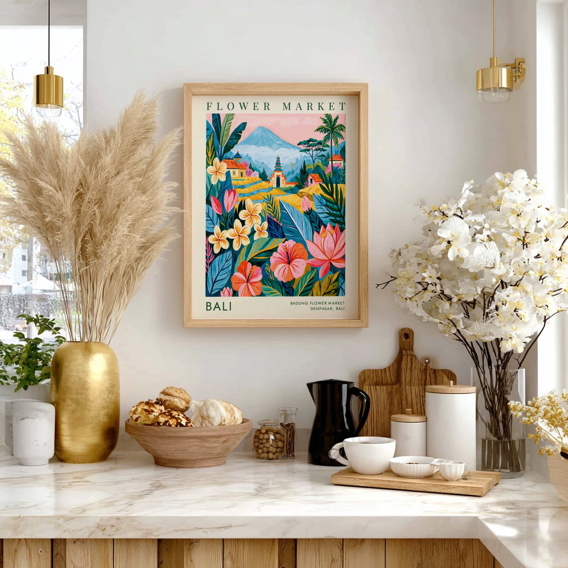 Flower market poster featuring tropical flowers and Balinese architecture in vibrant colors