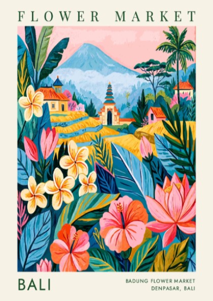 Flower market poster featuring tropical flowers and Balinese architecture in vibrant colors