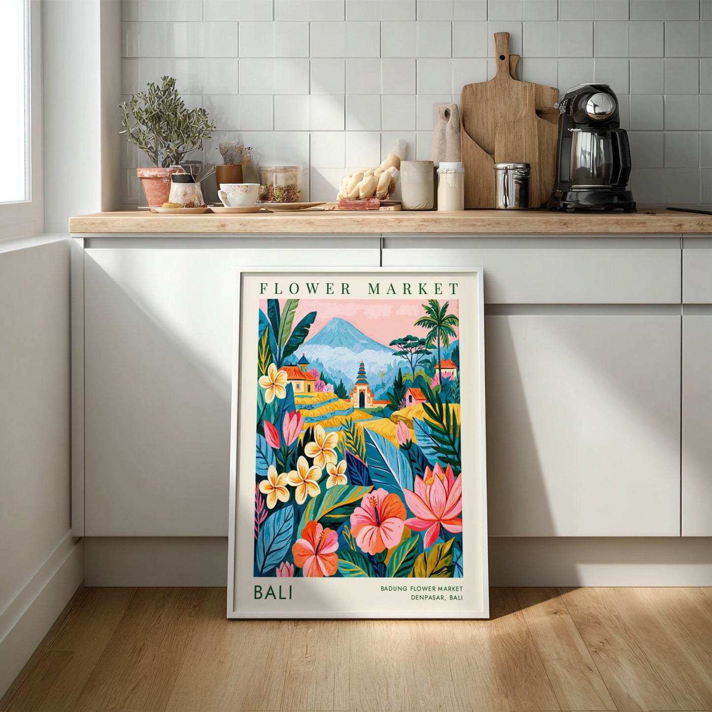 Flower market poster featuring tropical flowers and Balinese architecture in vibrant colors