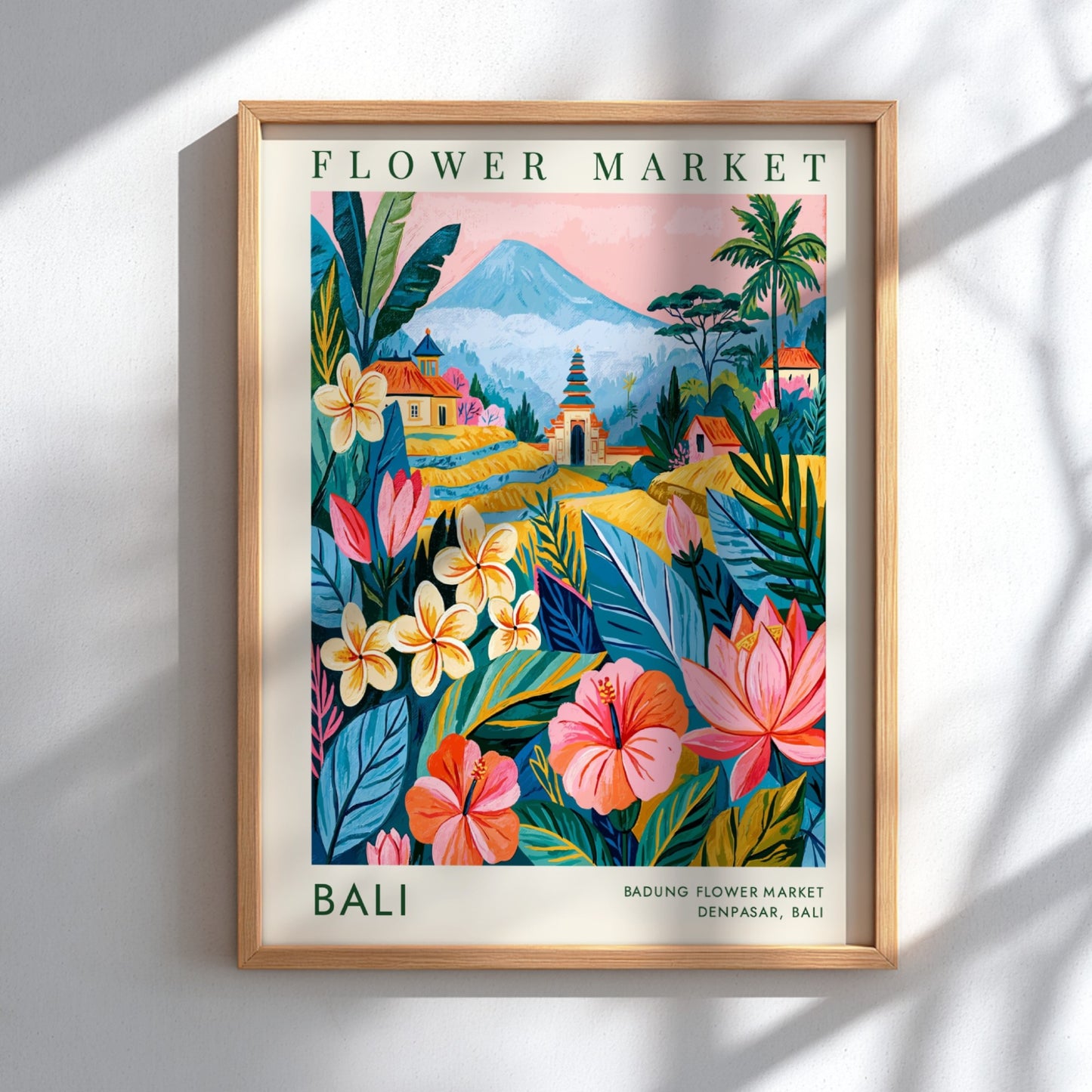 Flower market poster featuring tropical flowers and Balinese architecture in vibrant colors