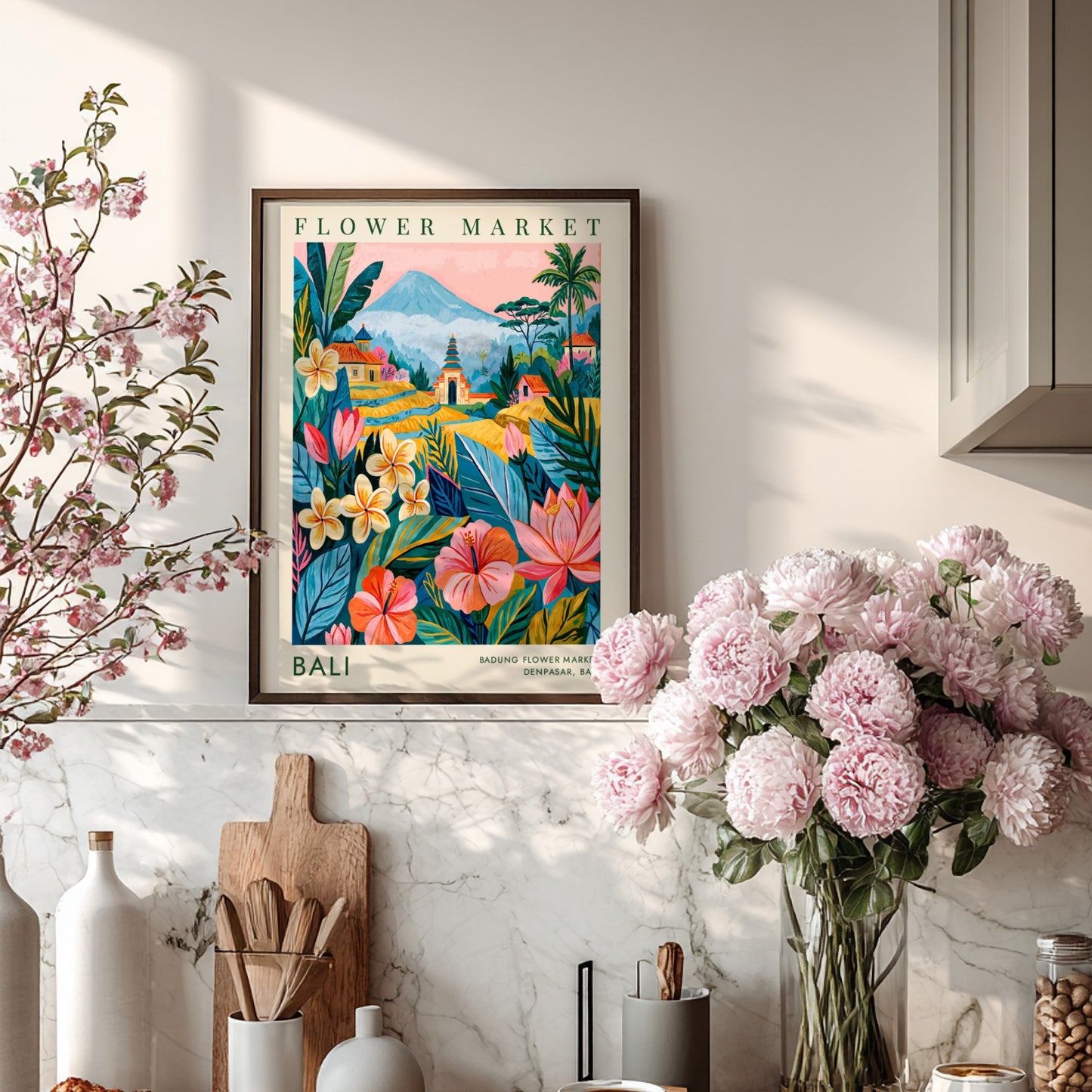Flower market poster featuring tropical flowers and Balinese architecture in vibrant colors