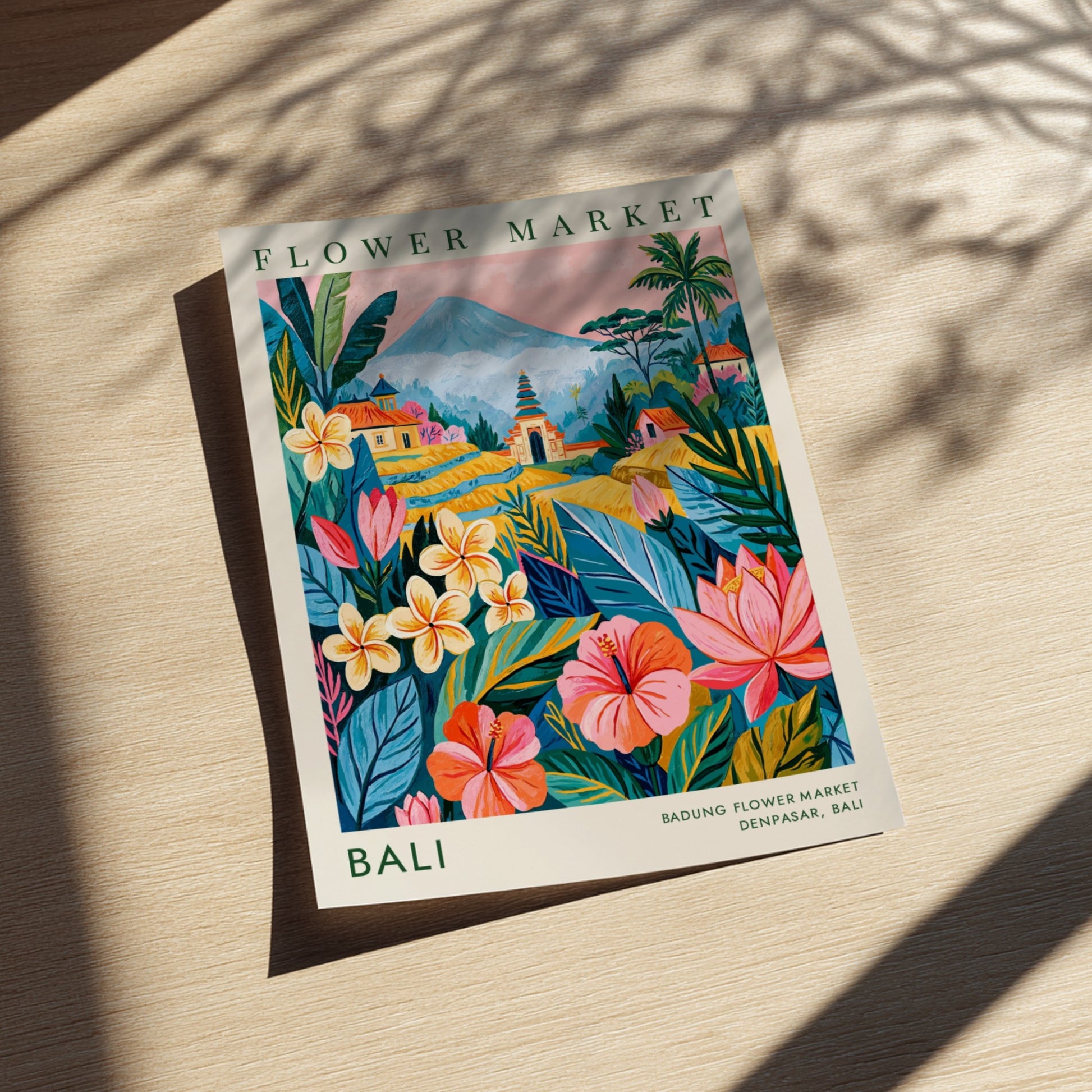 Flower market poster featuring tropical flowers and Balinese architecture in vibrant colors