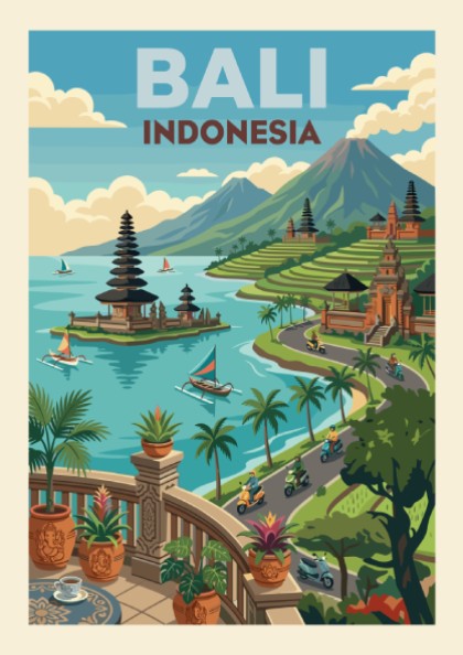 Bali Indonesia travel poster featuring a temple on a lake, rice terraces, and mountains in a vibrant