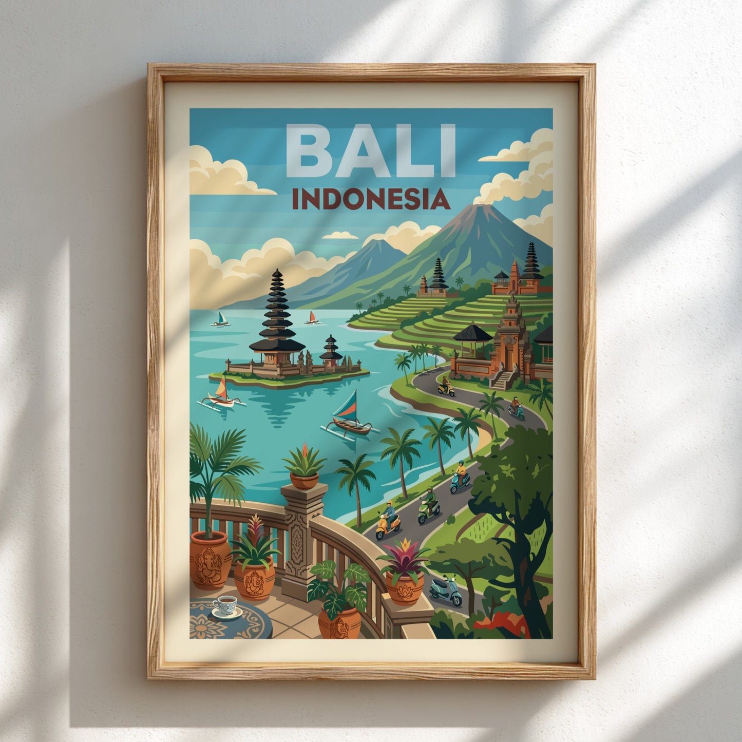 Bali Indonesia travel poster featuring a temple on a lake, rice terraces, and mountains in a vibrant