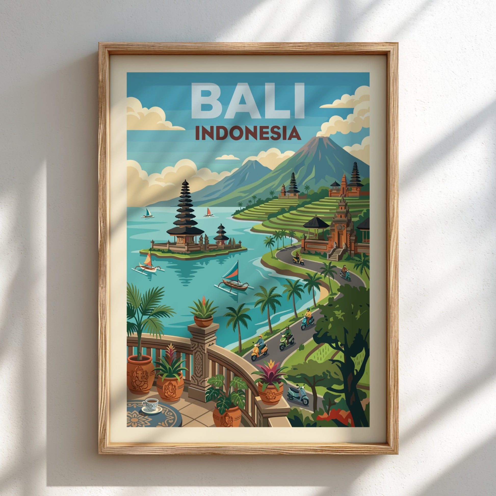 Bali Indonesia travel poster featuring a temple on a lake, rice terraces, and mountains in a vibrant
