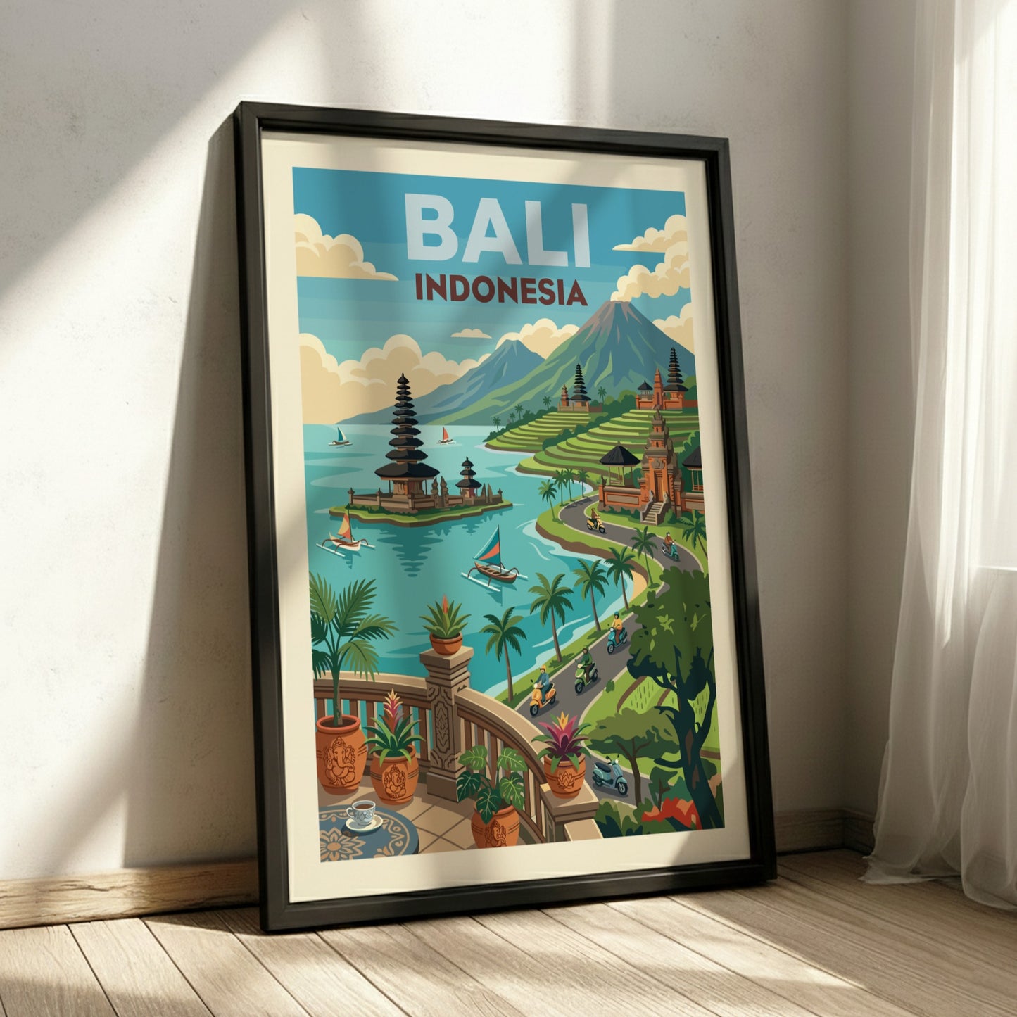 Bali Indonesia travel poster featuring a temple on a lake, rice terraces, and mountains in a vibrant