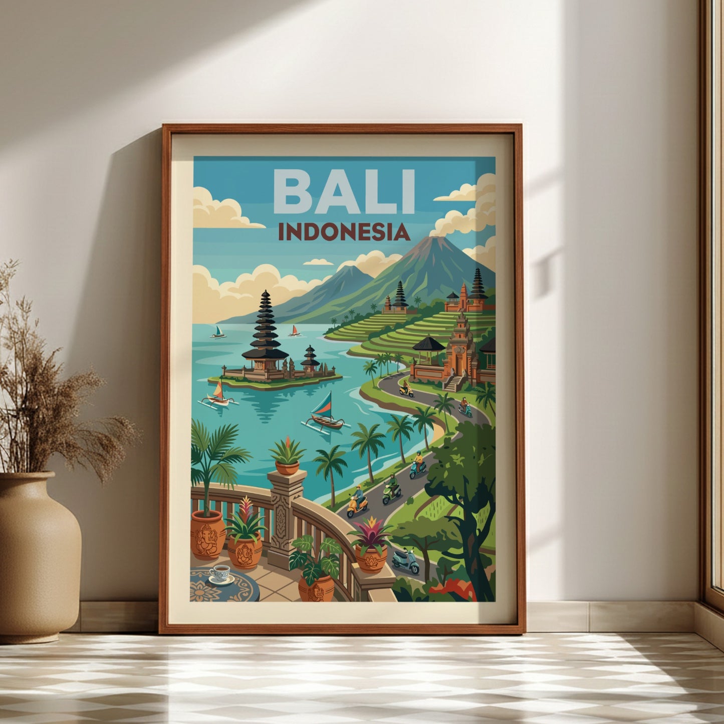 Bali Indonesia travel poster featuring a temple on a lake, rice terraces, and mountains in a vibrant