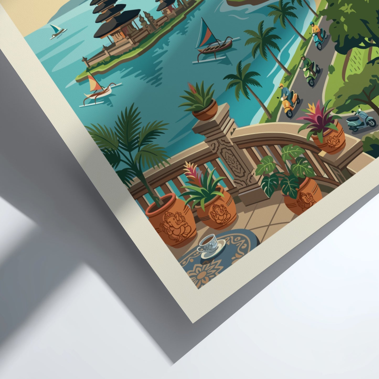 Bali Indonesia travel poster featuring a temple on a lake, rice terraces, and mountains in a vibrant