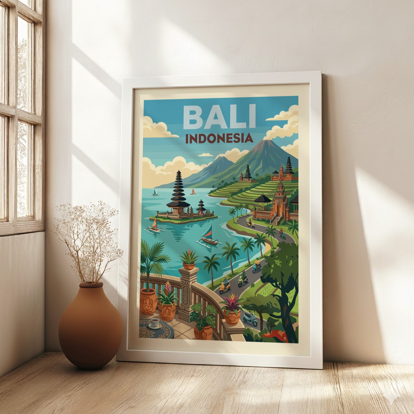 Bali Indonesia travel poster featuring a temple on a lake, rice terraces, and mountains in a vibrant