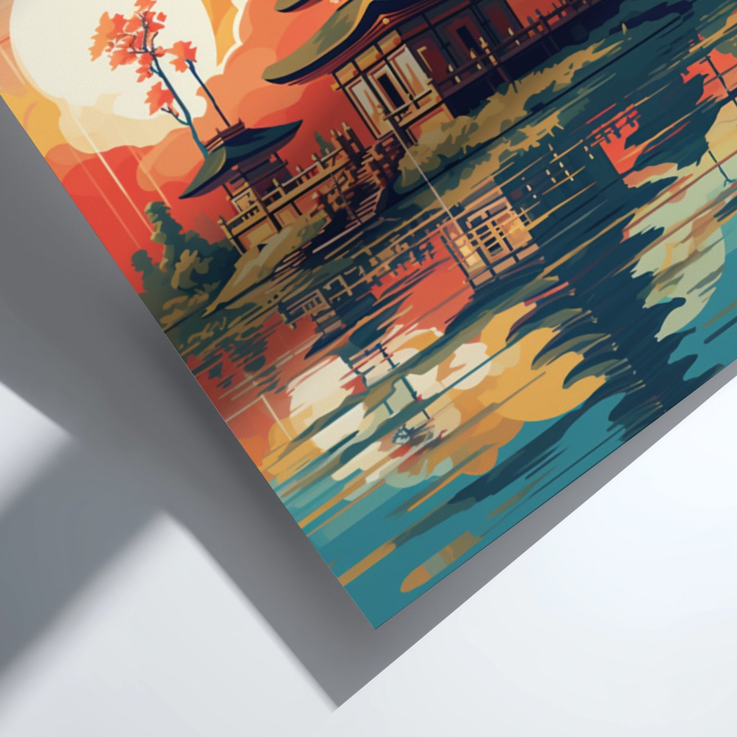 Colorful illustration of a traditional Japanese building by a lake with a sunset.