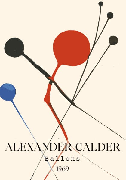 Poster of Alexander Calder's 'Balloons' artwork, featuring abstract red, black, and blue shapes.