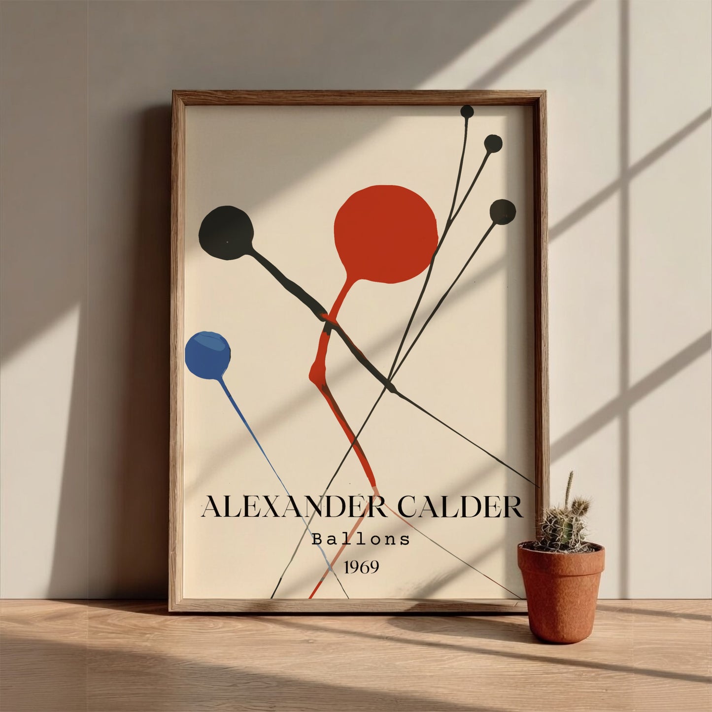 Poster of Alexander Calder's 'Balloons' artwork, featuring abstract red, black, and blue shapes.