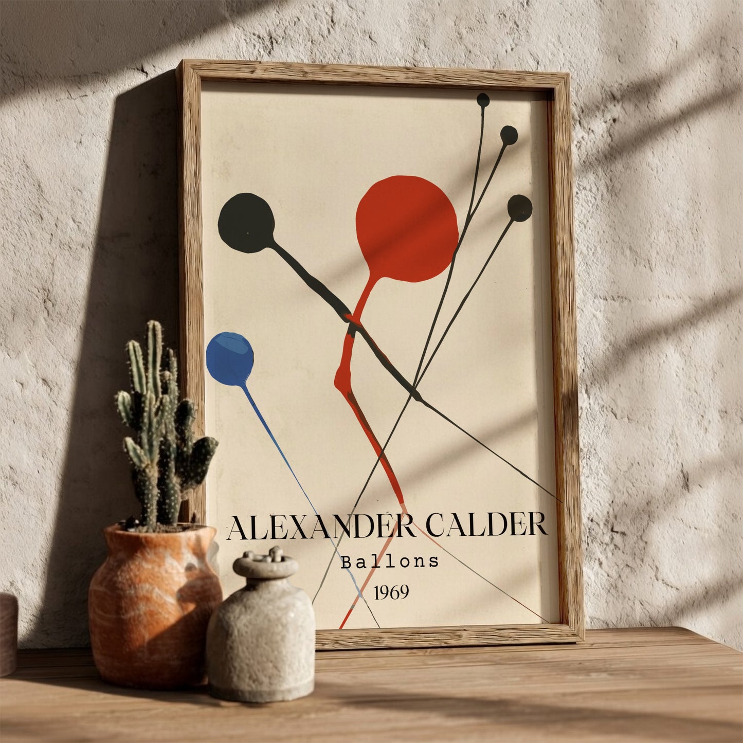 Poster of Alexander Calder's 'Balloons' artwork, featuring abstract red, black, and blue shapes.