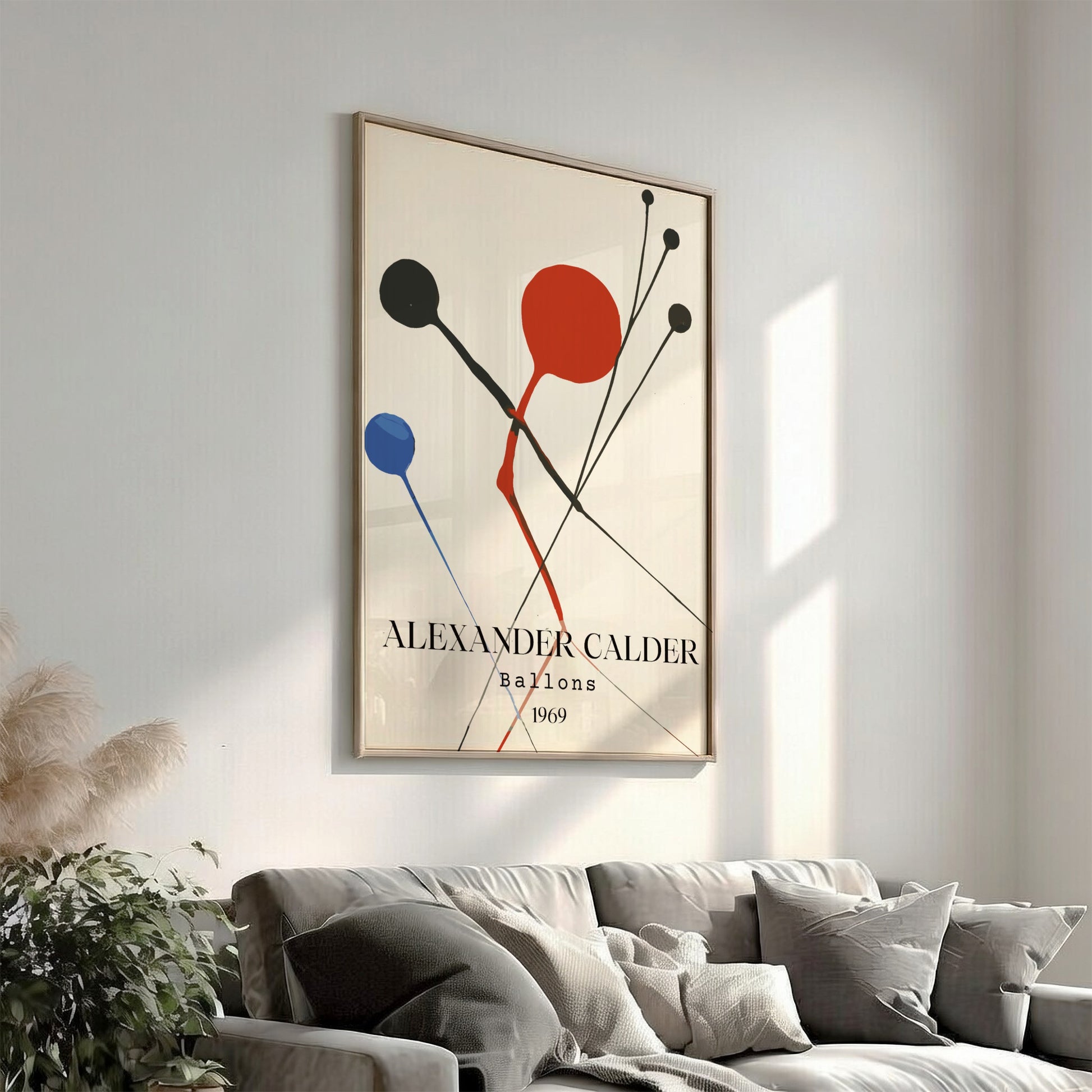 Poster of Alexander Calder's 'Balloons' artwork, featuring abstract red, black, and blue shapes.