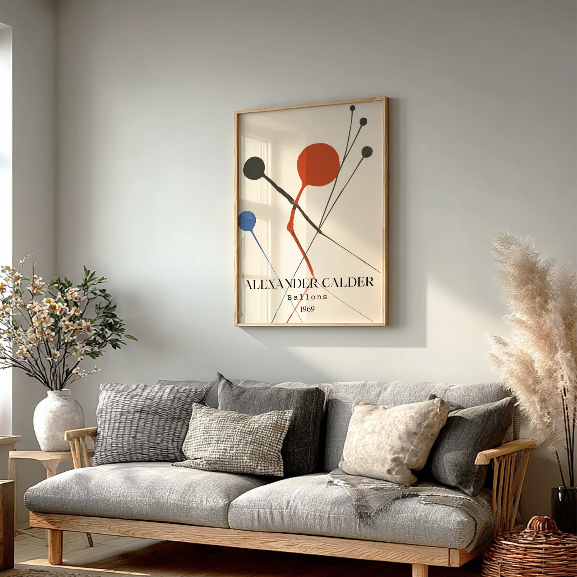 Poster of Alexander Calder's 'Balloons' artwork, featuring abstract red, black, and blue shapes.