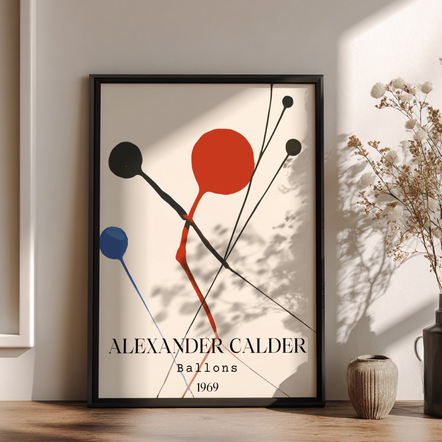 Poster of Alexander Calder's 'Balloons' artwork, featuring abstract red, black, and blue shapes.