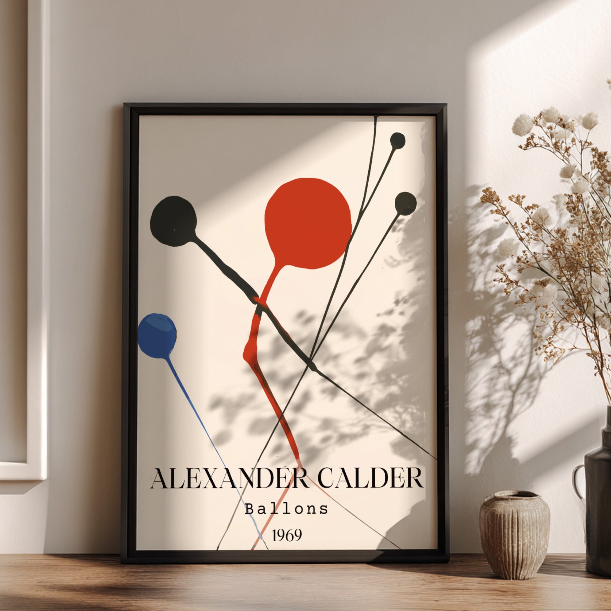 Poster of Alexander Calder's 'Balloons' artwork, featuring abstract red, black, and blue shapes.