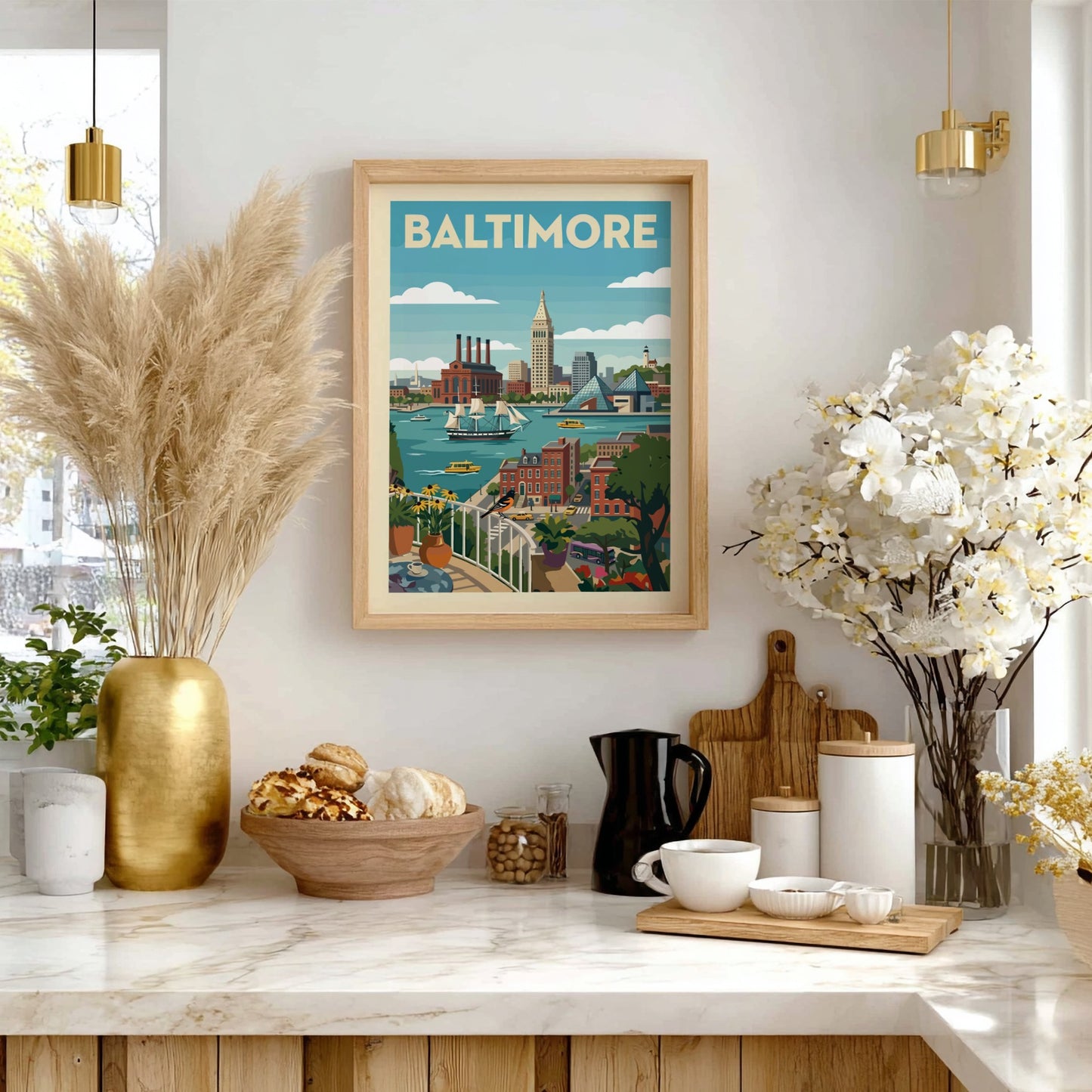 Baltimore skyline poster featuring historic buildings, modern architecture, and a ship on the water in a