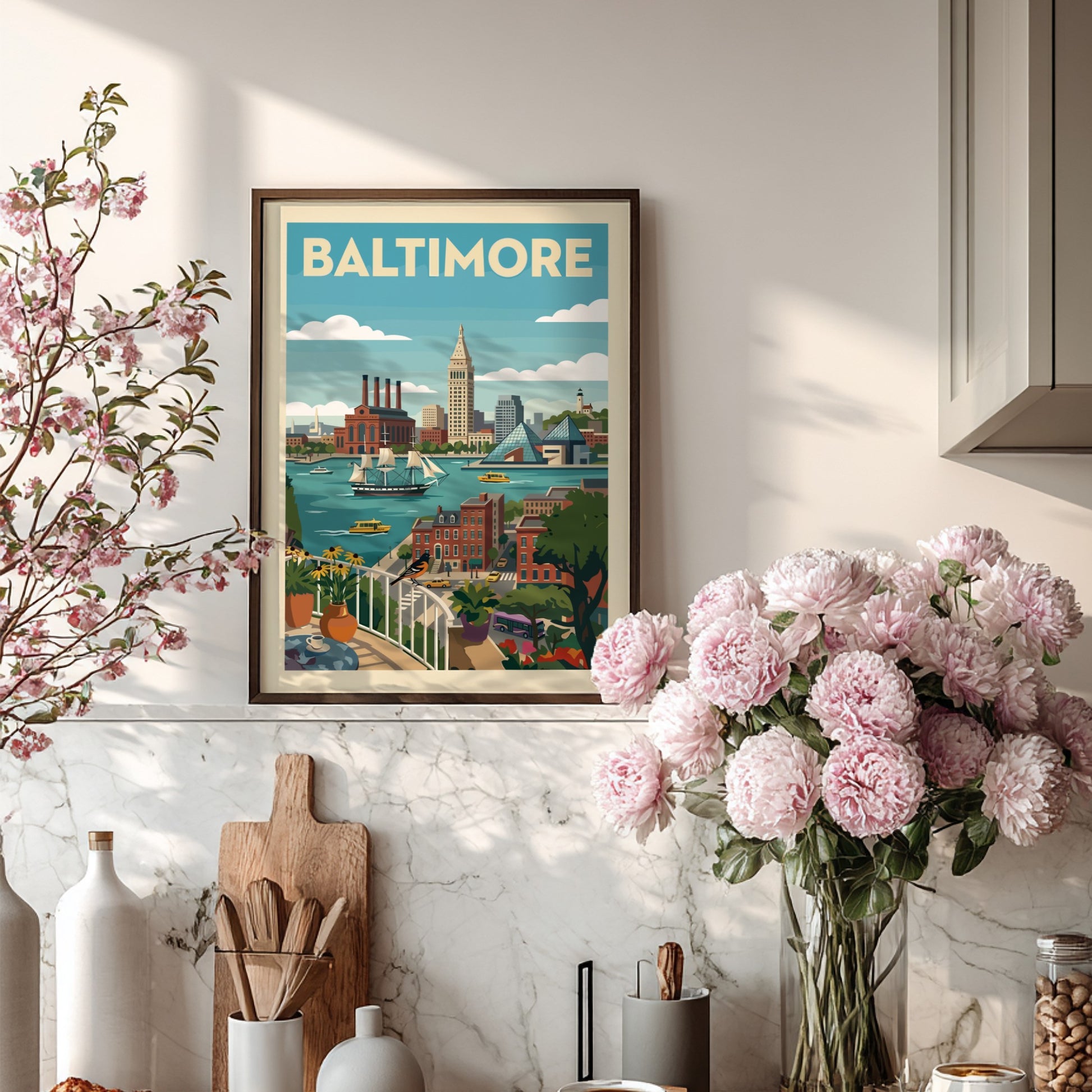 Baltimore skyline poster featuring historic buildings, modern architecture, and a ship on the water in a