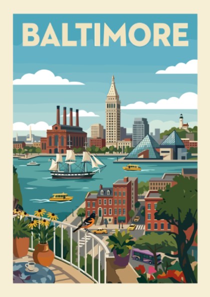 Baltimore skyline poster featuring historic buildings, modern architecture, and a ship on the water in a