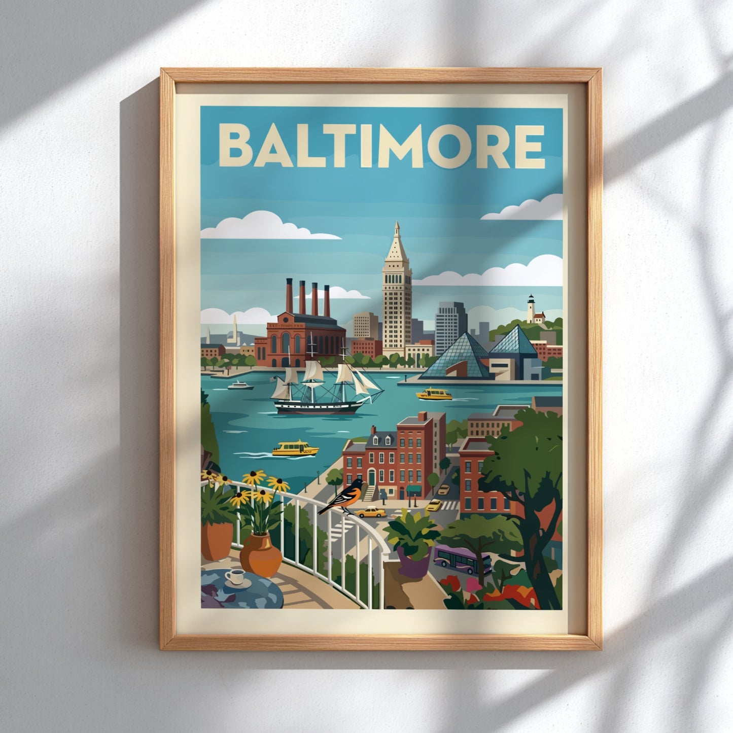 Baltimore skyline poster featuring historic buildings, modern architecture, and a ship on the water in a